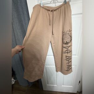 Tan Wide Leg Pants with Graphic Design